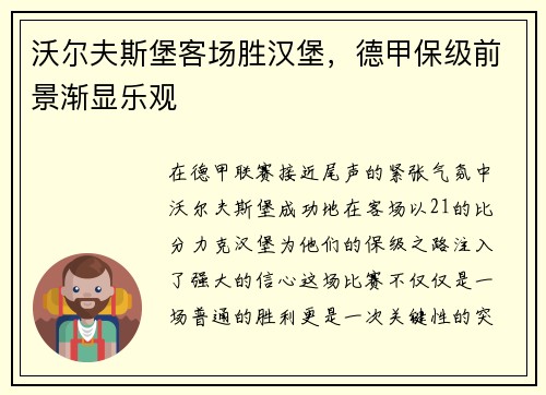 沃尔夫斯堡客场胜汉堡，德甲保级前景渐显乐观