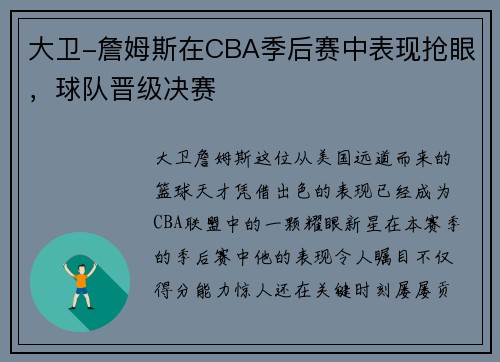 大卫-詹姆斯在CBA季后赛中表现抢眼，球队晋级决赛